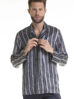 100% Seide Herren Schlafanzug PURA SETA blau gestreift von Verdiani