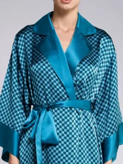 100% Seide Morgenmantel MELISSA petrol-schwarz von Vivis