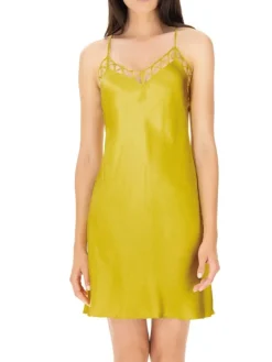 100% Seide Nachthemd MODERN PIPING gelb-grün von Luna di Seta