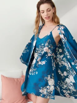 100% Seide Nachthemd ORIENTAL FLOWERS petrol von Luna di Seta