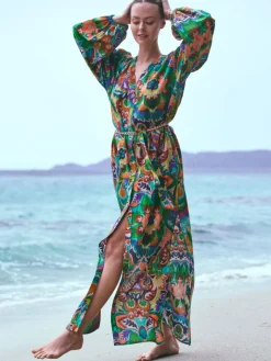 Langarm Feinbatist mit Seide Strandkleid ATHENA in grün-bunt von Marjolaine