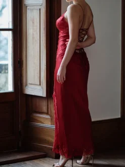 Langes Stretchseidennachthemd VELVET mit Spitze von Marjolaine