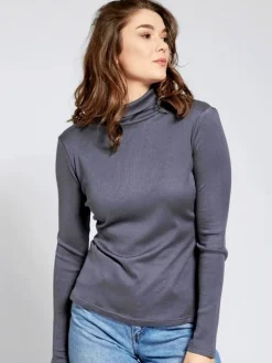 LAST PIECE Rollkragen Seidenshirt Langarm gerippt von Kokon Zwo dunkelgrau XL