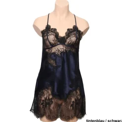 LAST PIECE Seide Negligé CHANTAGE kurz mit Spitze von Marjolaine blau Größe 42