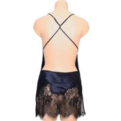 LAST PIECE Seide Negligé CHANTAGE kurz mit Spitze von Marjolaine blau Größe 42