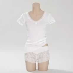 LAST PIECE T-Shirt gerippt Seide mit Spitze CURACAO von Gattina nur noch in rot Größe S