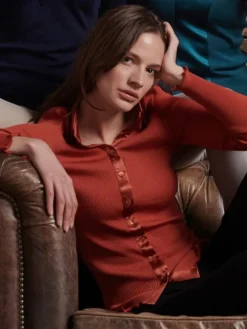 Merino Wolle-Seide CARDIGAN gerippt paprika-orange von Oscalito