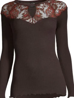 Merino Wolle-Seide LANGARMSHIRT gerippt mokka Calais Spitze von Oscalito