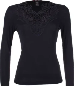 Merinowolle Seide LANGARM SHIRT cognac-beige mit Makramee Spitze von Artimaglia