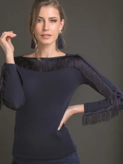 Merinowolle Seide LANGARM SHIRT blau mit Fransen von Artimaglia