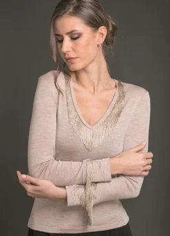 Merinowolle Seide LANGARM V-SHIRT mit Fransen von Artimaglia