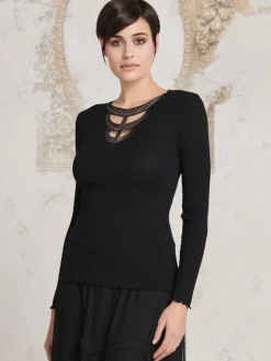 Merinowolle-Seide LANGARM SHIRT gerippt schwarz von Oscalito