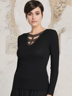 Merinowolle-Seide LANGARM SHIRT gerippt schwarz von Oscalito