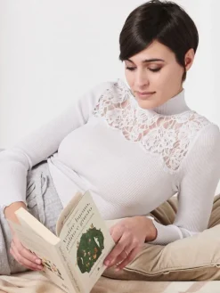 Merinowolle-Seide TURTLENECK SHIRT silber Leavers Spitze von Oscalito