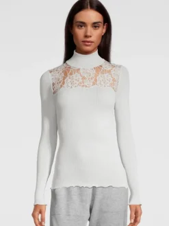 Merinowolle-Seide TURTLENECK SHIRT silber Leavers Spitze von Oscalito