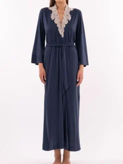 Modal 3/4-Ärmel Morgenmantel wadenlang blau-rose von Verdiani