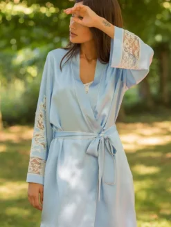 Seide Morgenmantel lang MARJOLIE No. 6 mit Spitze Marjolaine