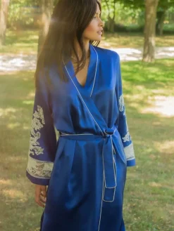 Seide Morgenmantel lang MARJOLIE No. 6 mit Spitze Marjolaine