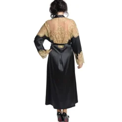 Seide Morgenmantel lang SERENATA schwarz mit goldener Spitze GATTINA