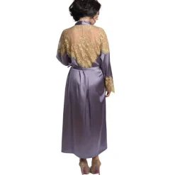 Seide Morgenmantel lang SERENATA schwarz mit goldener Spitze GATTINA