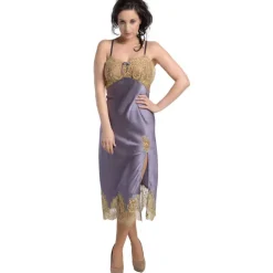 Seide Negligé lang SERENATA mit Spitze schwarz gold von GATTINA