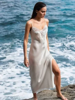 Seide Negligee lang LACE SEDUCTION elfenbein weiß von Luna di Seta