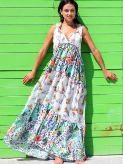 Strandkleid mit Seide FANTASIA BIANCO weiß grün von Laetitia Beachwear