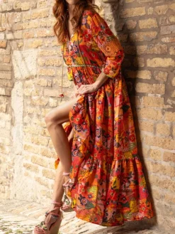 Strandkleid mit Seide KATE rot-bunt von Laetitia Beachwear