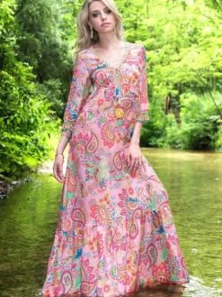 Strandkleid mit Seide LYRA rosa-bunt von Laetitia Beachwear