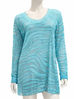 Strandtunika mit Seide kurz türkisblau Ausbrenner mit Pailletten