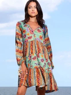 Tunikakleid mit Seide GINEVRA MENTA grün-orange von Laetitia Beachwear