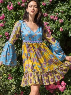 Tunikakleid mit Seide PAOLA blau-gelb von Laetitia Beachwear