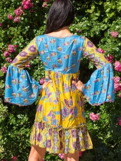 Tunikakleid mit Seide PAOLA blau-gelb von Laetitia Beachwear