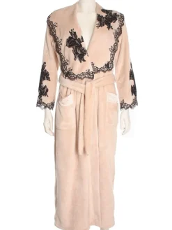 Warmer Hausmantel FREDA lang mit Spitze Marjolaine