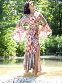 Wickelkleid mit Seide LUNA weiss-rot von Laetitia Beachwear