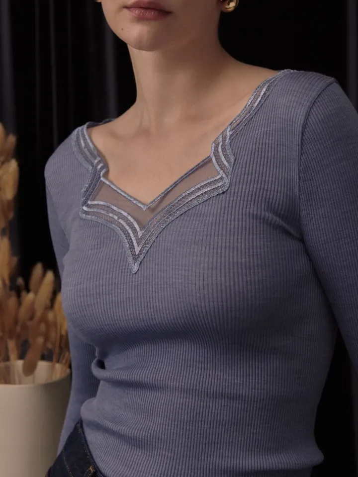 Wolle-Seide Langarm-Shirt jeansblau mit Spitze von Oscalito